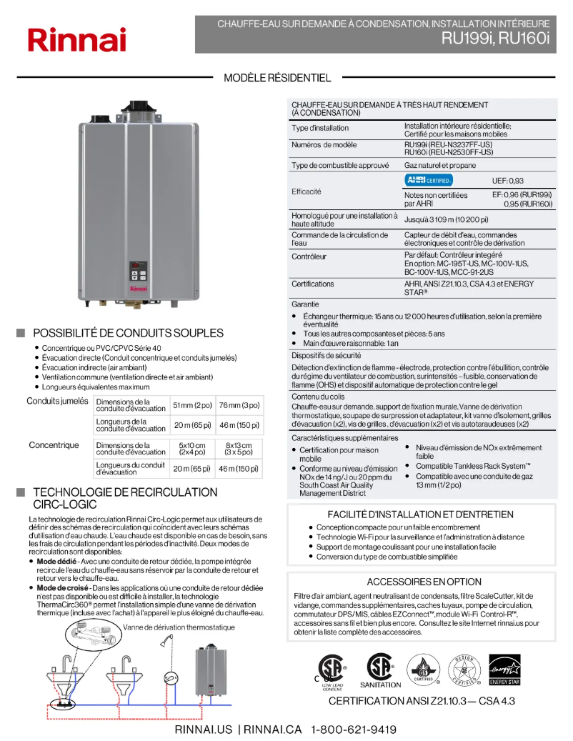 Page 1 of the manual Technical Sheet Rinnai RUR199iP