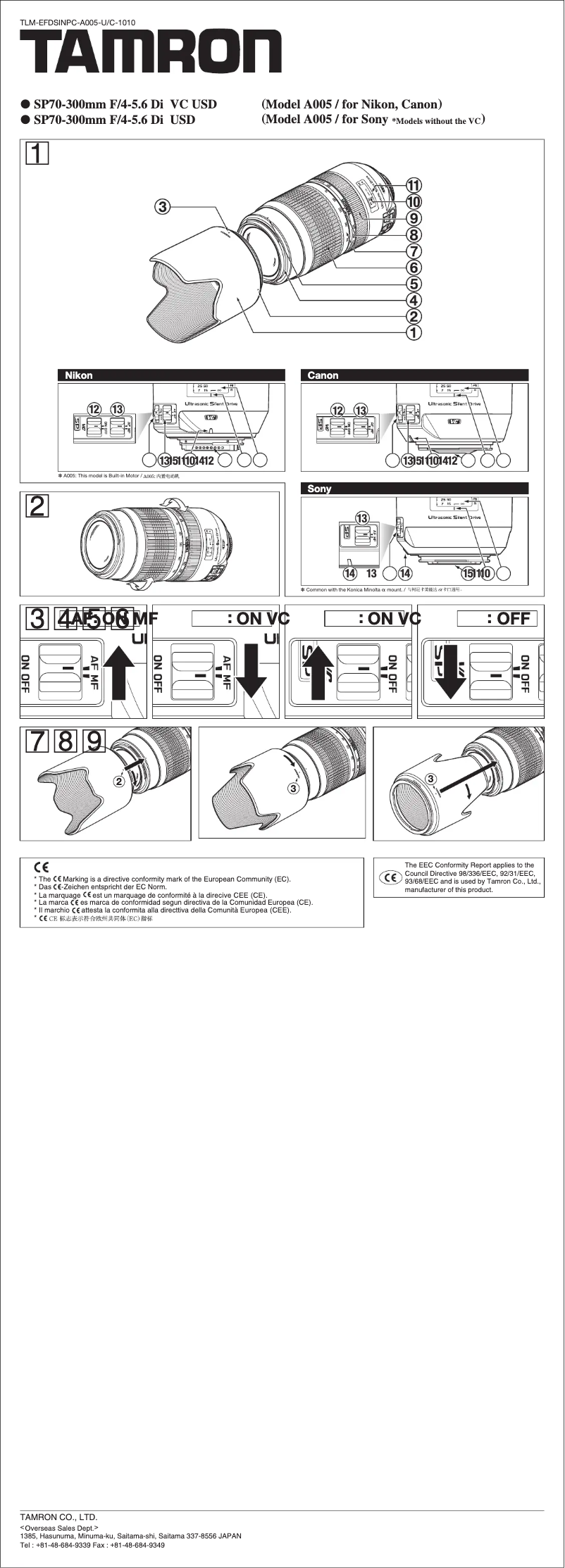Page 1 de la notice Manuel utilisateur Tamron 70-300mm f/4-5.6 SP Di VC USD Nikon