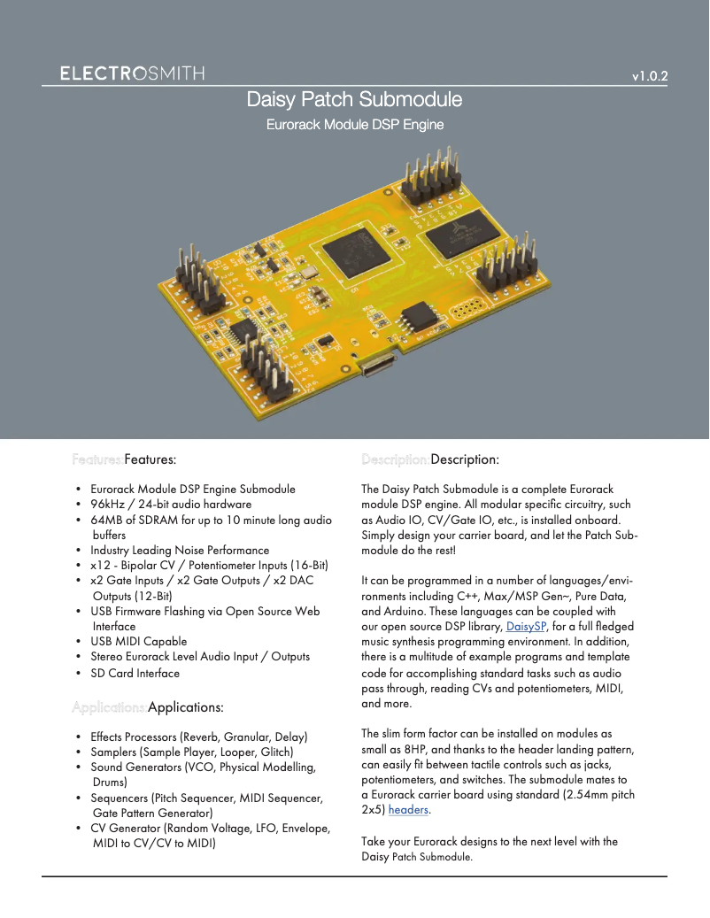 Page 1 of the manual User Manual Electrosmith Daisy Patch Submodule