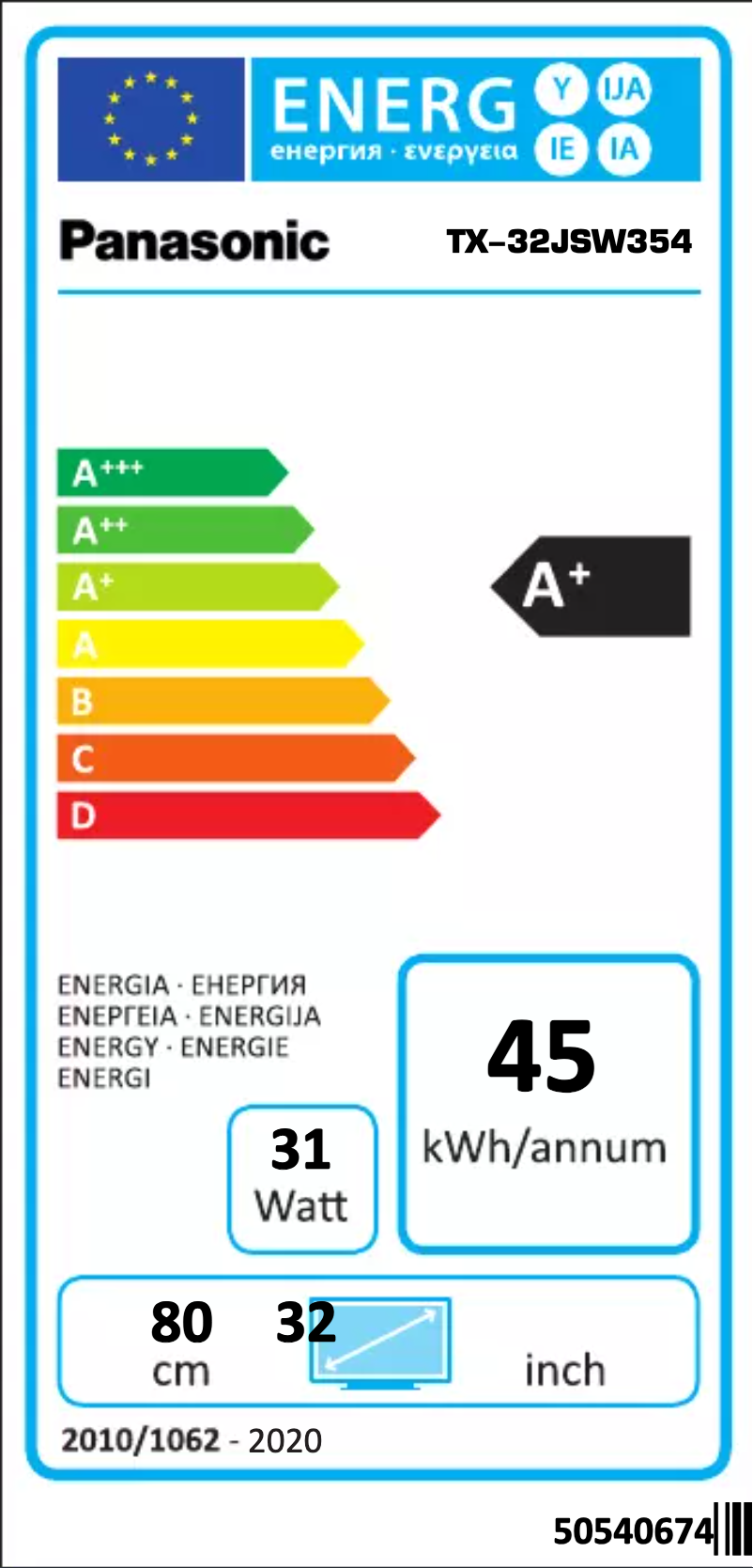 Page 1 of the manual Energy Label Panasonic TX-32JSW354