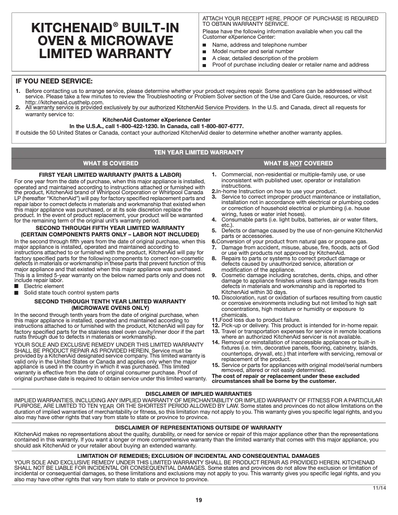 Page 1 of the manual Warranty Information KitchenAid KOCE500EWH