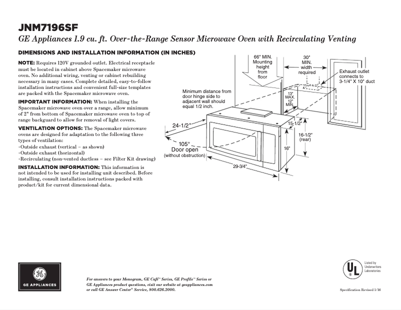 Page 1 of the manual Technical Sheet GE JNM7196DFCC