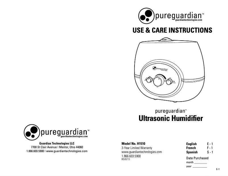 Page 1 de la notice Manuel d'utilisation et d'entretien PureGuardian H1510
