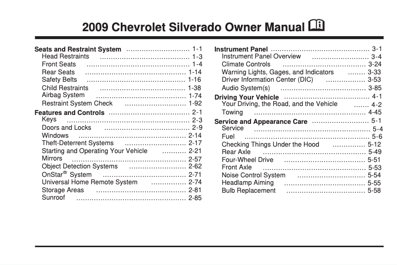 Page 1 of the manual User Manual Chevrolet Silverado (2009)