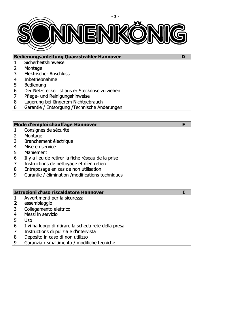 Page 1 of the manual User Manual Sonnenkönig Hannover