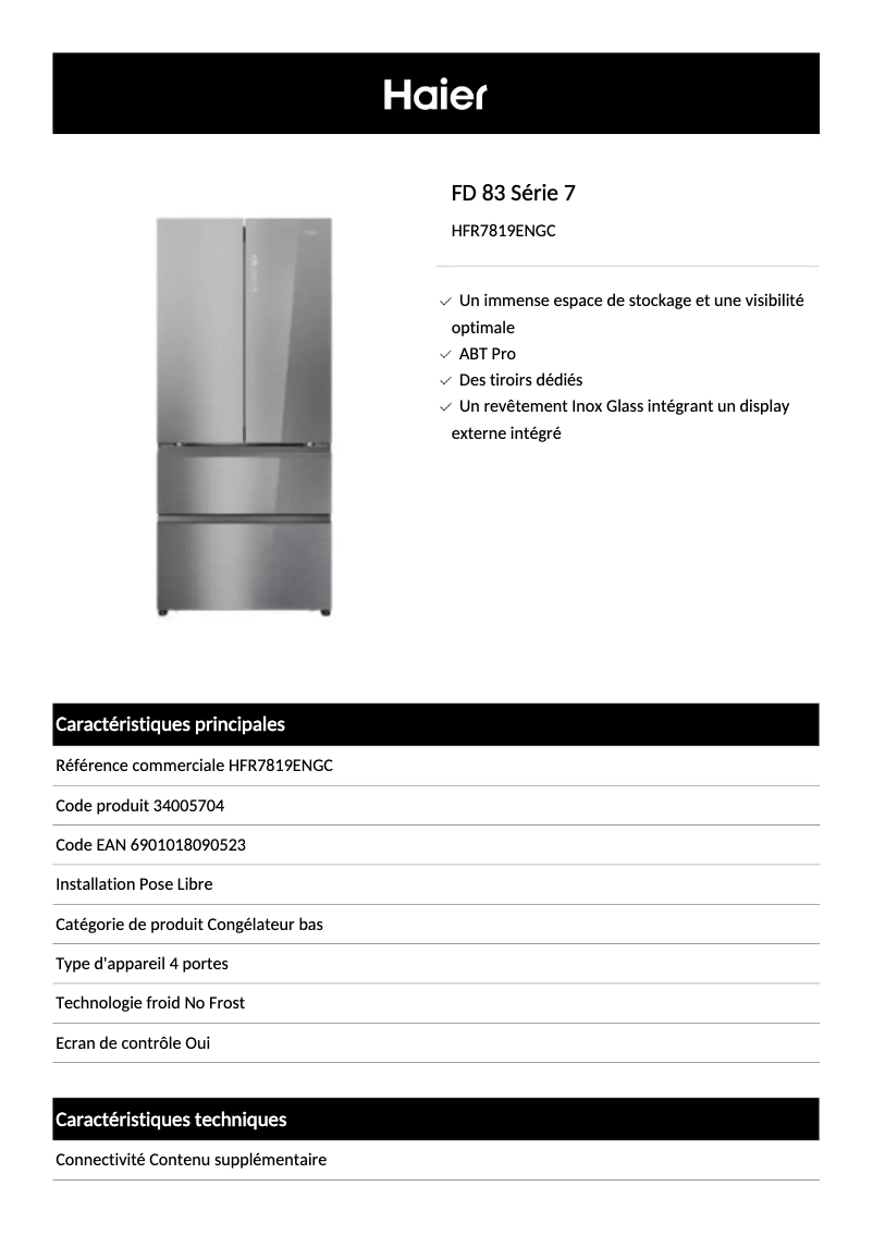 Page 1 of the manual Technical Sheet Haier HFR7819ENGC