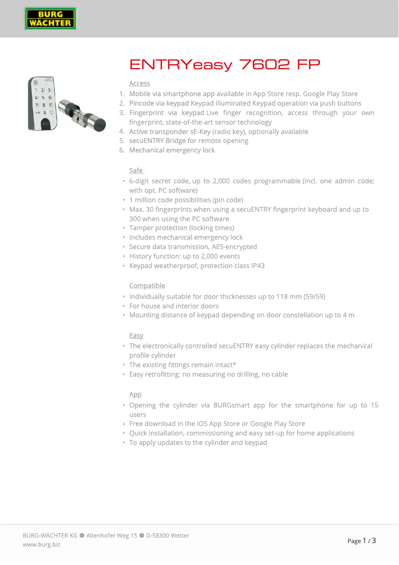 Page 1 of the manual Technical Sheet Burg Wächter ENTRY easy 7602 FP