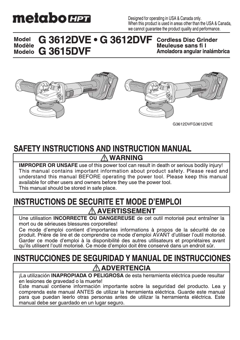 Page 1 of the manual User Manual Metabo G3612DVF