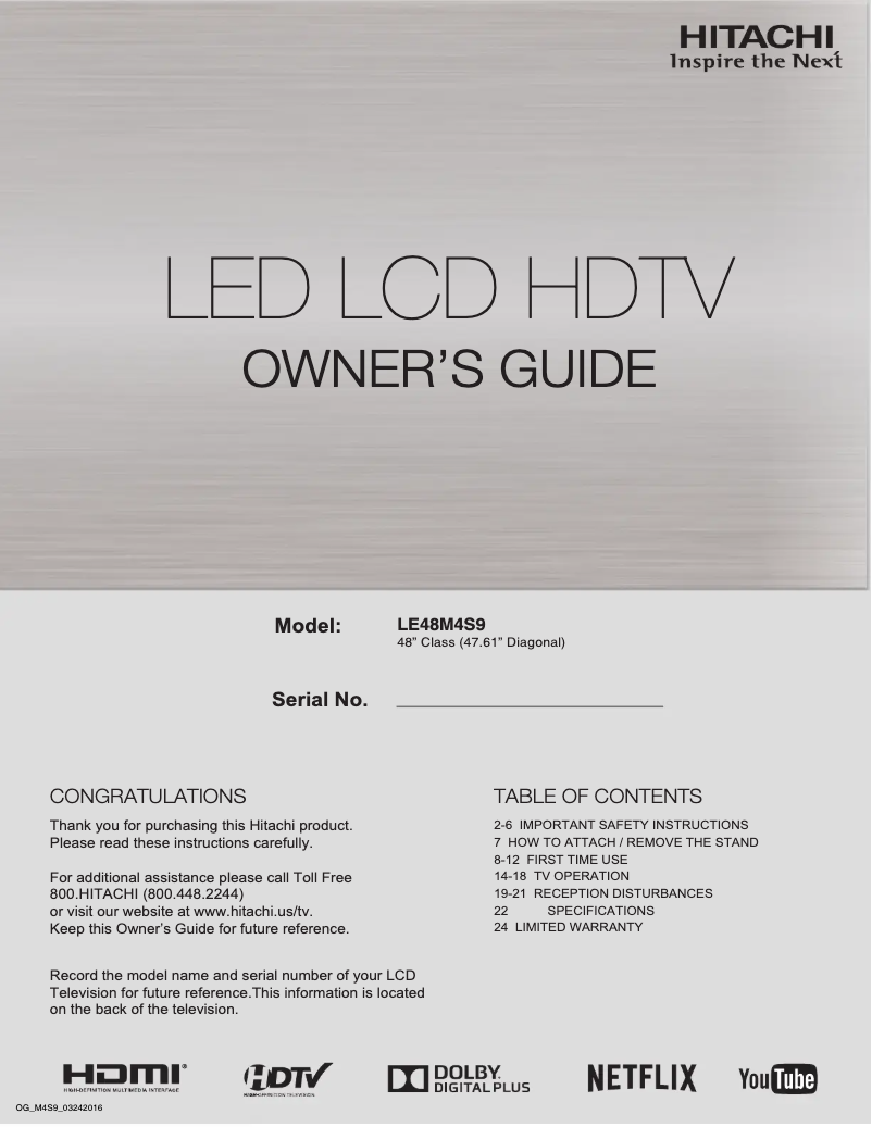Page 1 of the manual User Manual Hitachi LE48M4S9