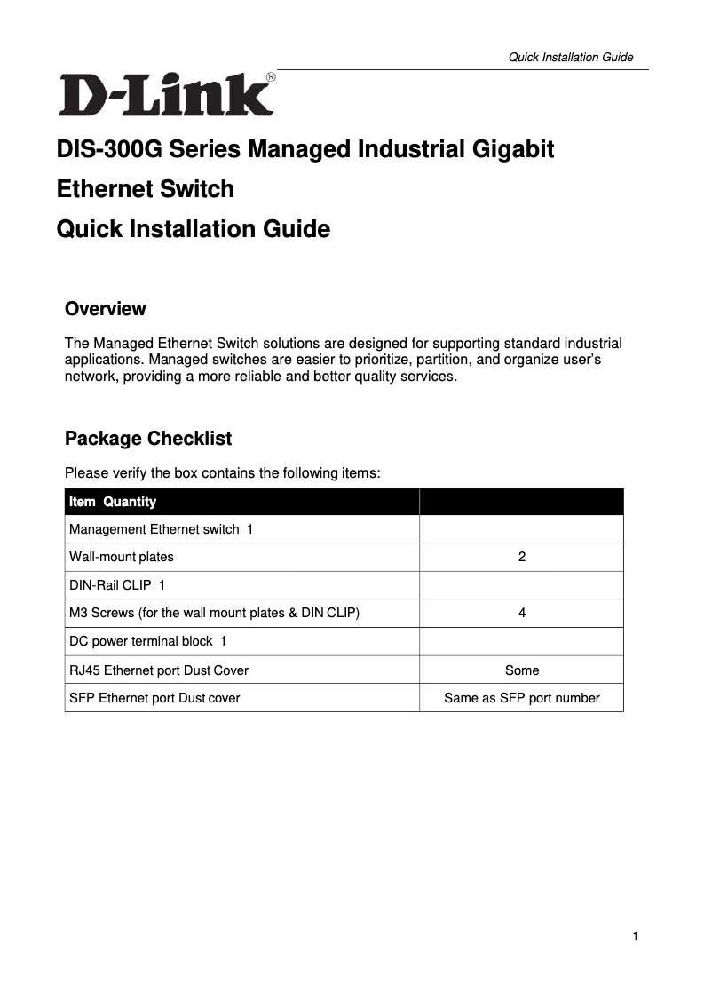 Page 1 of the manual Installation Guide D-Link DIS-300G-12SW