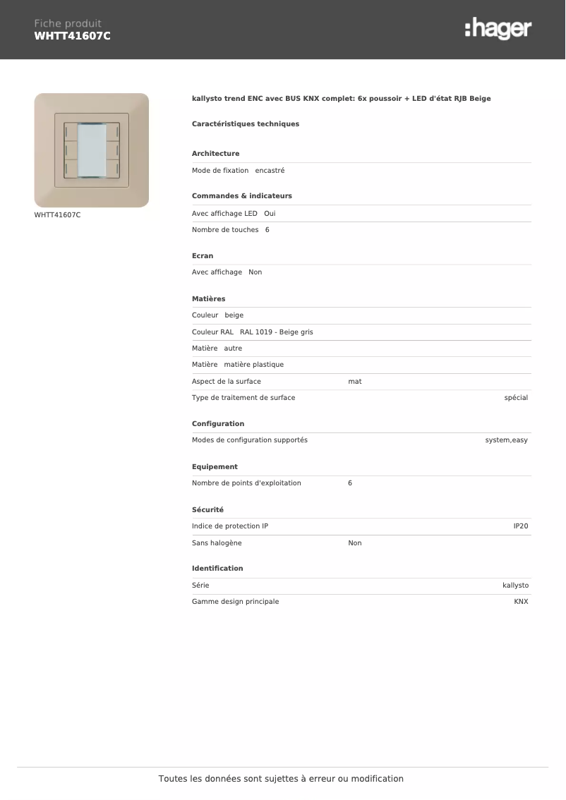 Page 1 of the manual Technical Sheet Hager WHTT41607C
