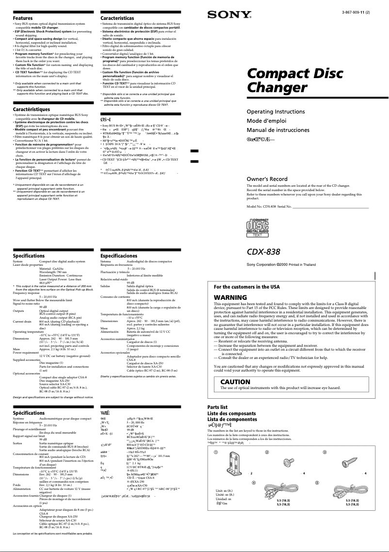 Page 1 of the manual User Manual Sony CDX-838