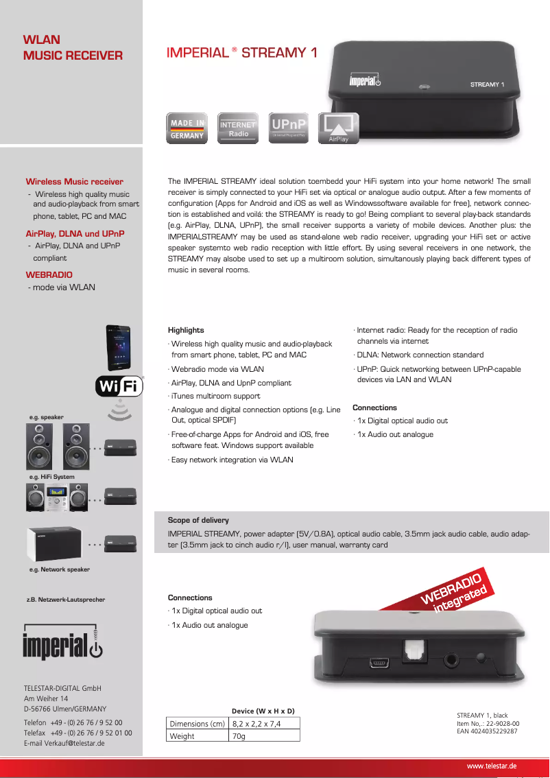 Page 1 of the manual Technical Sheet Imperial Streamy 1