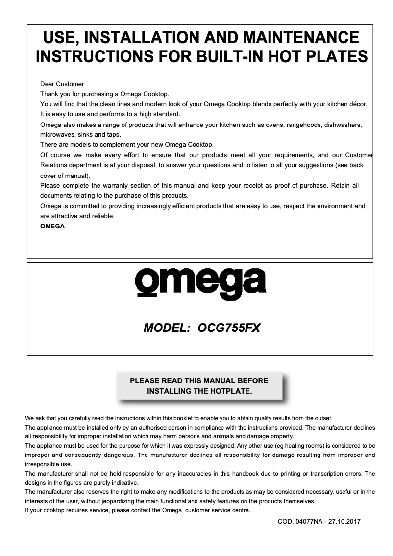 Page 1 of the manual User Manual Omega OCG755FX