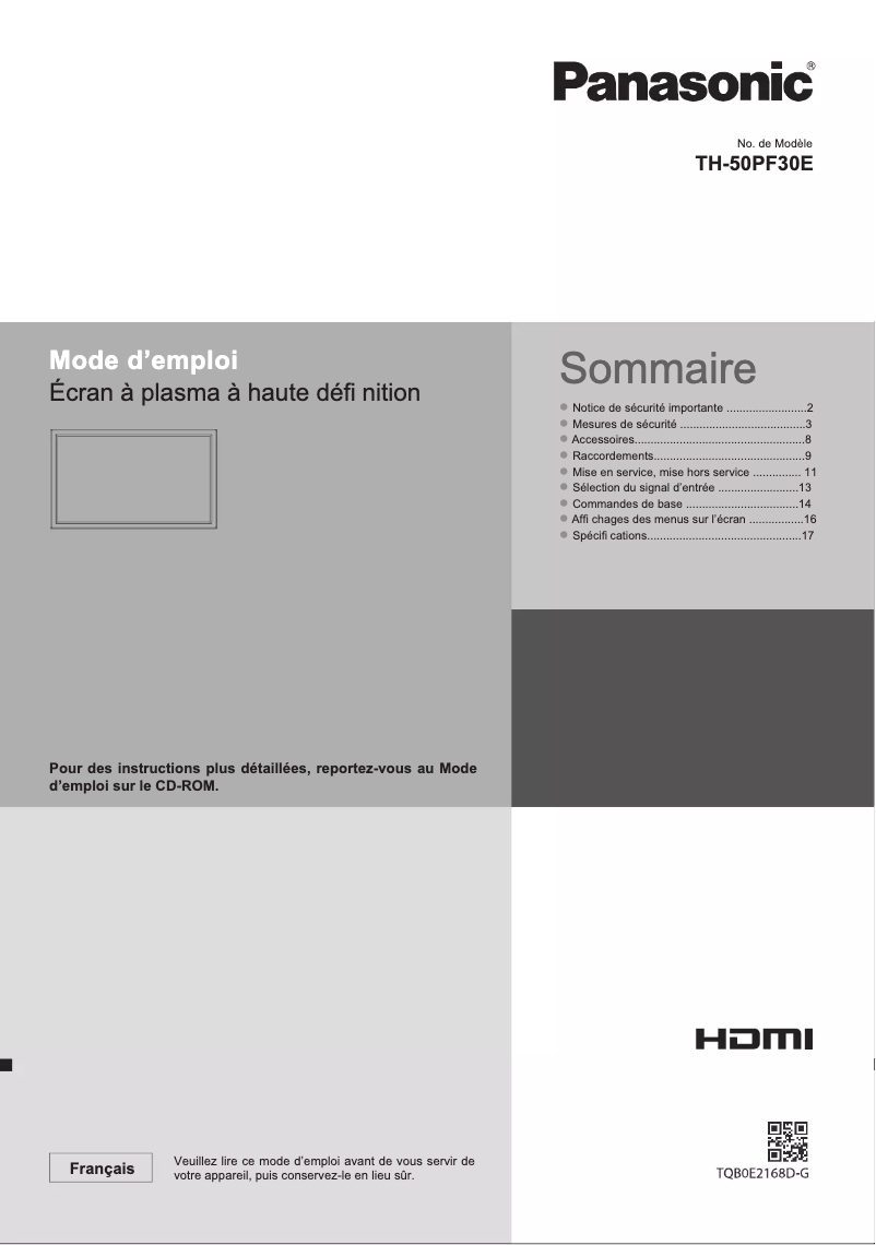 First page image of the manual for TH-50PF30E