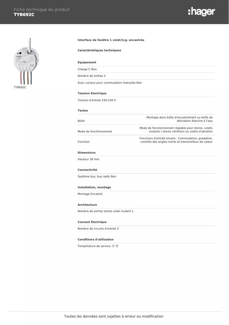 Page 1 of the manual Technical Sheet Hager TYB692C