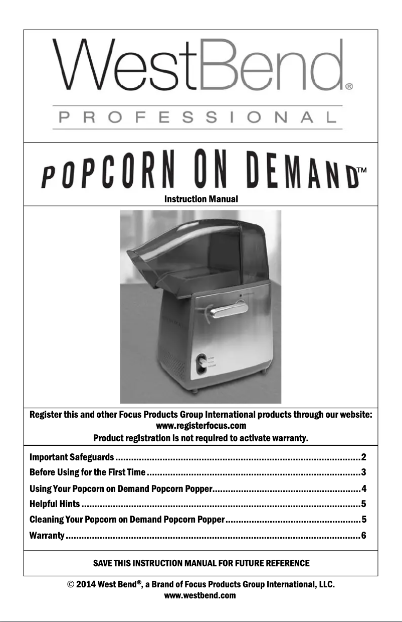 Page 1 de la notice Manuel utilisateur WestBend Popcorn on Demand 82700