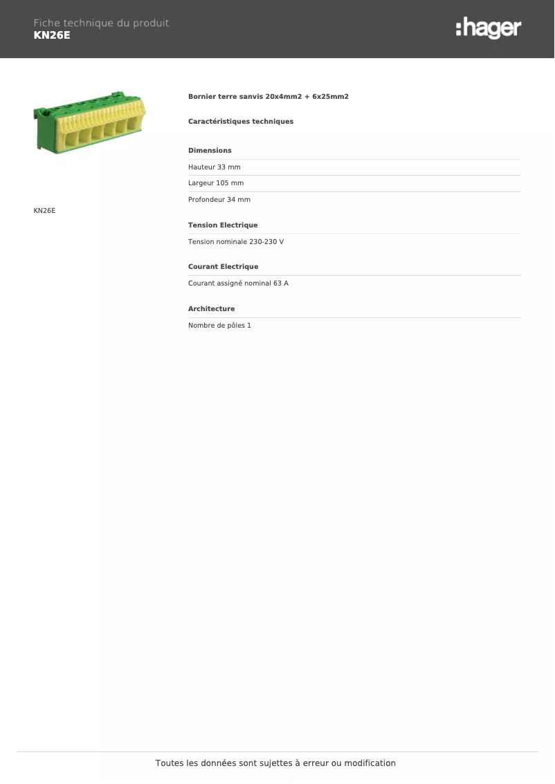 Page 1 of the manual Technical Sheet Hager KN26E