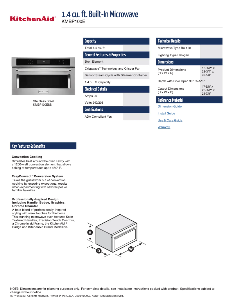 Page 1 of the manual Technical Sheet KitchenAid KMBP100ESS