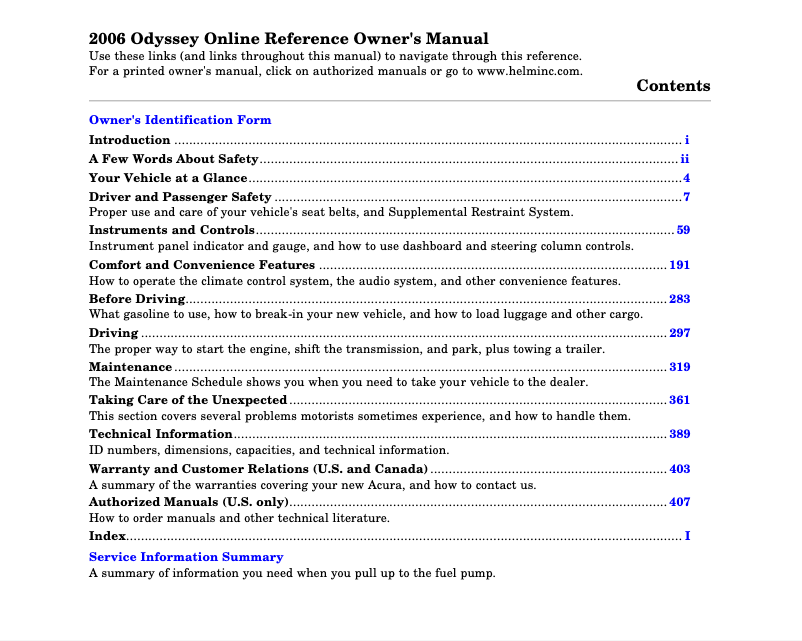 Page 1 of the manual User Manual Honda Odyssey (2006)