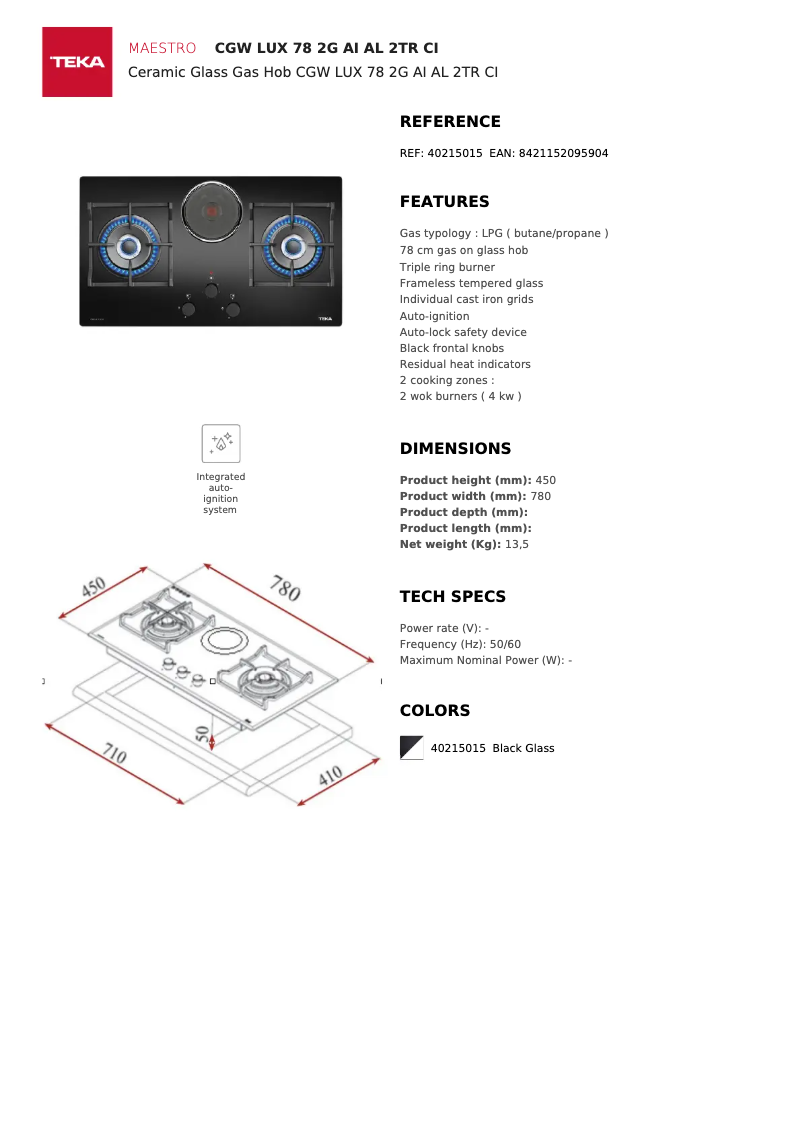 Page 1 of the manual Technical Sheet Teka CGW LUX 78 2G AI AL 2TR CI