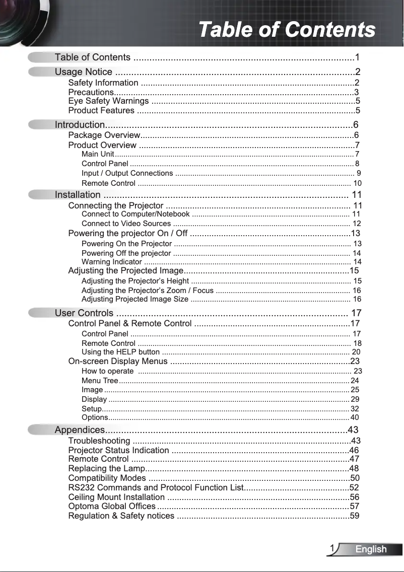 Page 1 of the manual User Manual Optoma DH1010
