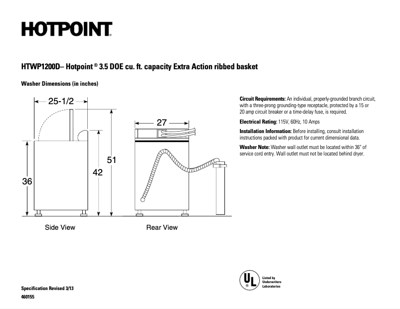 Page 1 of the manual Technical Sheet Hotpoint HTWP1200DWW