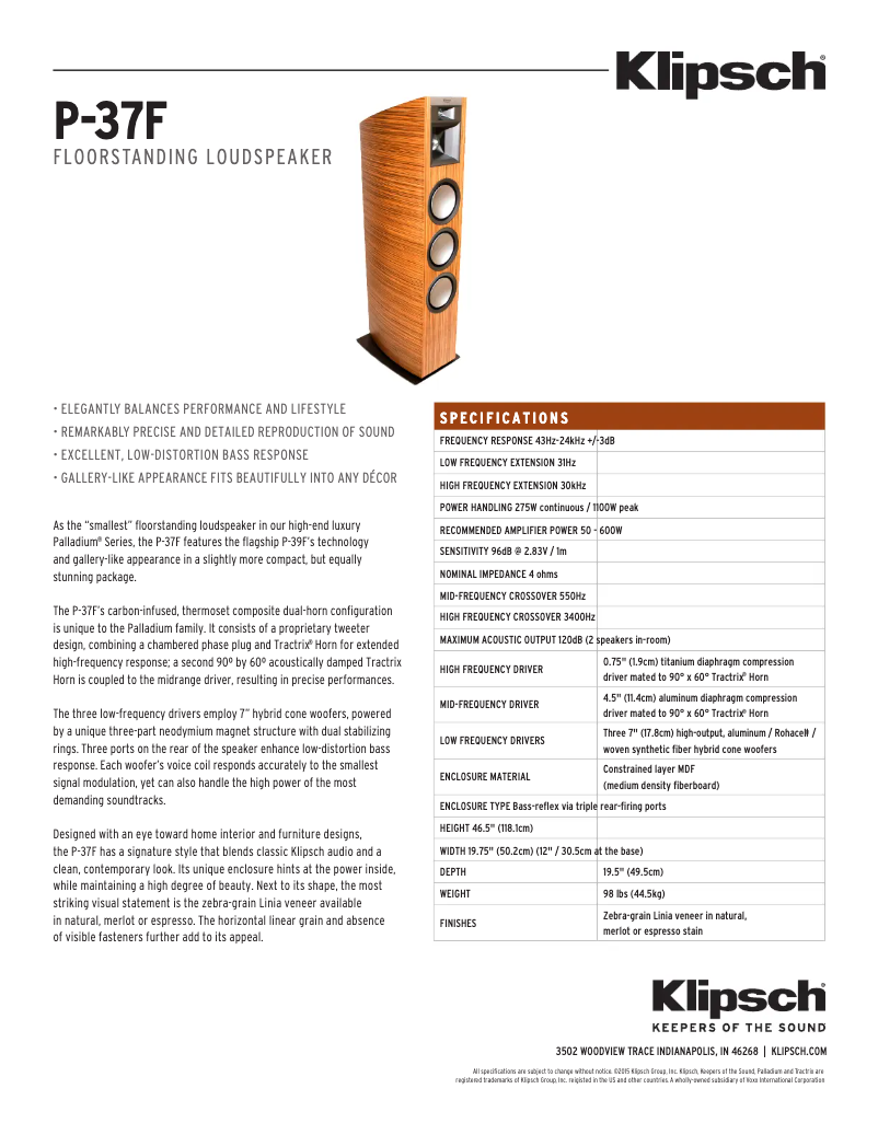 Page 1 of the manual Technical Sheet Klipsch Palladium P-37F