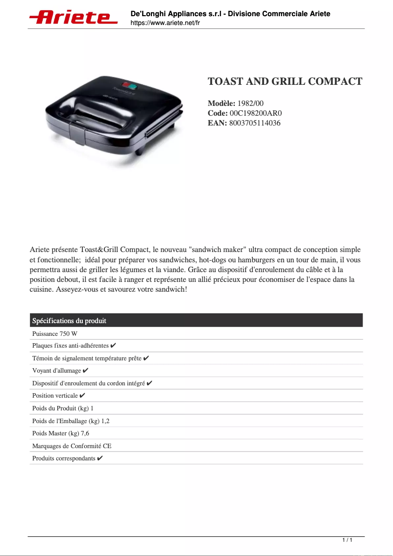 Page 1 of the manual Technical Sheet Ariete Toast & Grill Compact 1982