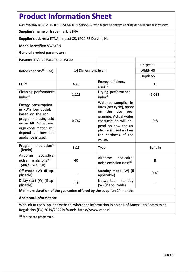 Page 1 of the manual Technical Sheet Etna VW640N