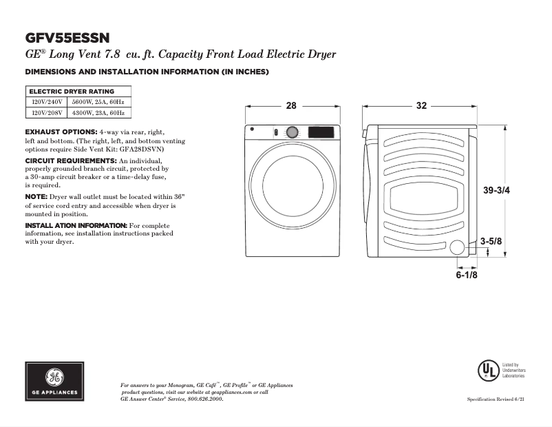 Page 1 of the manual Technical Sheet GE GFV55ESSNWW