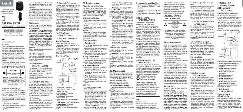 Page 1 de la notice Manuel utilisateur Kunft KTMP4062BK