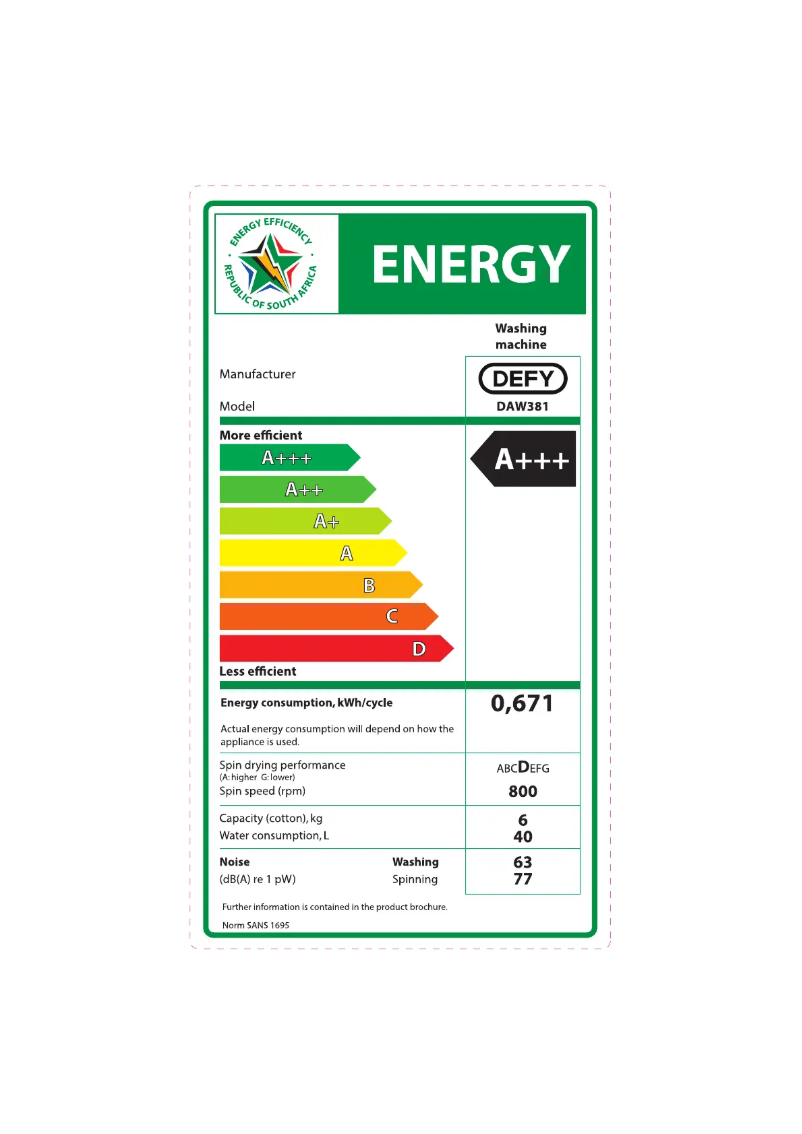 Page 1 of the manual Energy Label Defy DAW381
