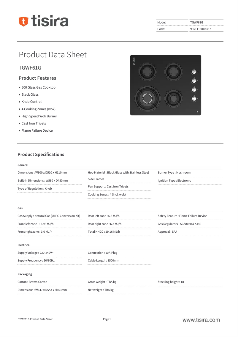 First page image of the manual for TGWF61G