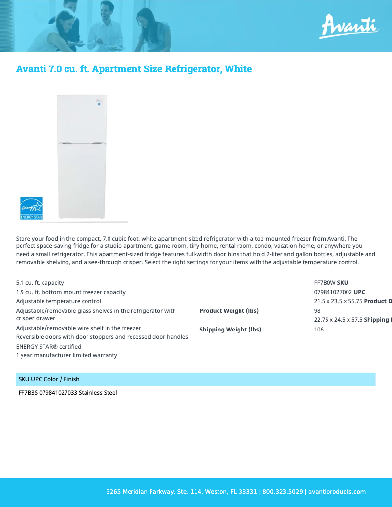 Page 1 of the manual Technical Sheet Avanti FF7B0W