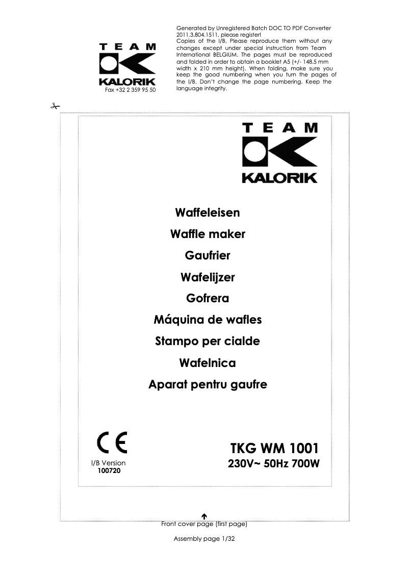 Page 1 of the manual User Manual Kalorik TKG WM 1001