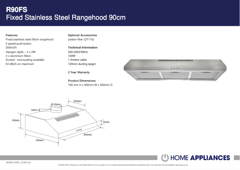 Page 1 de la notice Fiche technique ARC R90FS