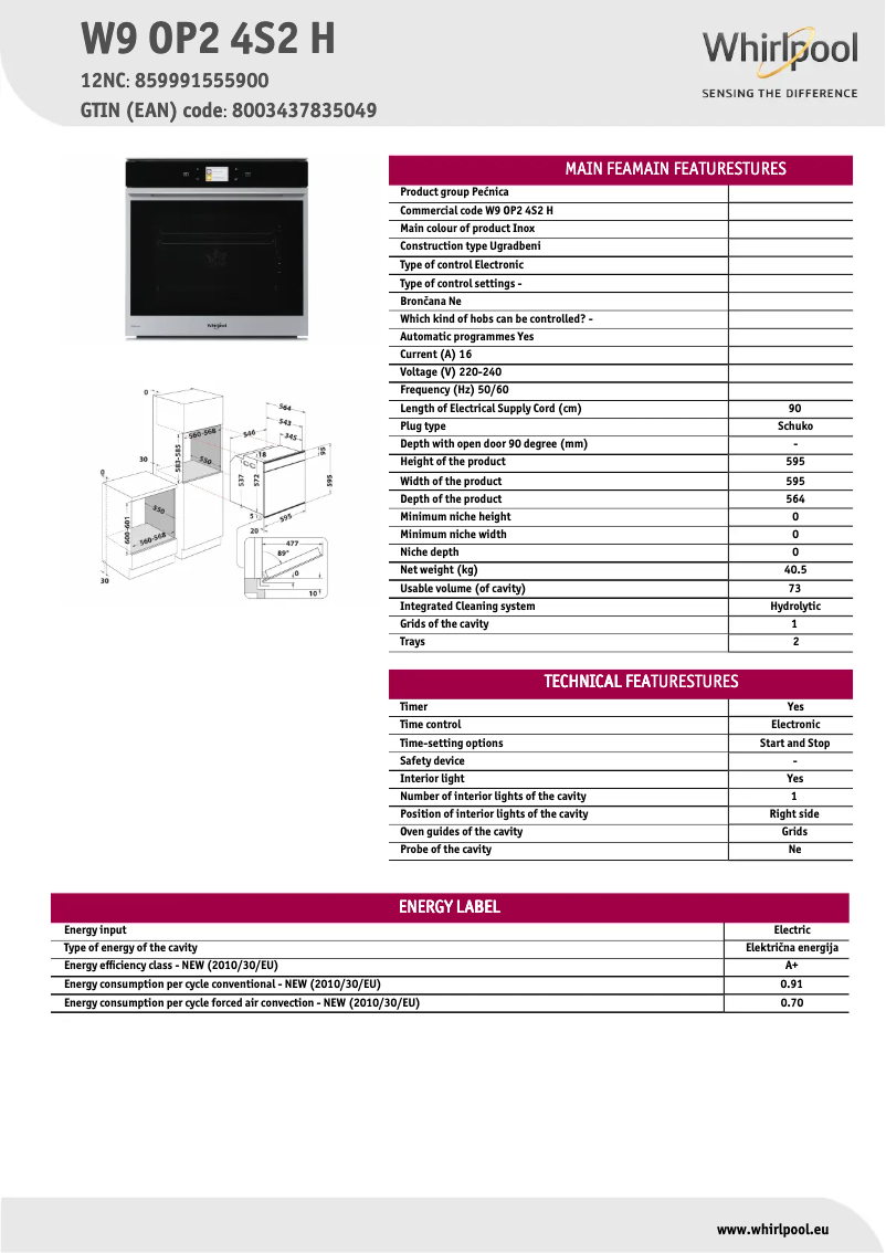 Page 1 of the manual Technical Sheet Whirlpool W9 OP2 4S2 H