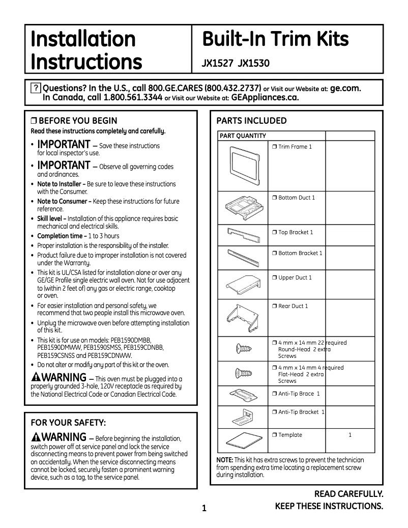 Page 1 of the manual User Manual GE Profile JX1530CCH