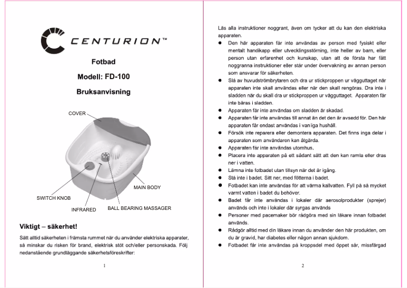 First page image of the manual for FD100