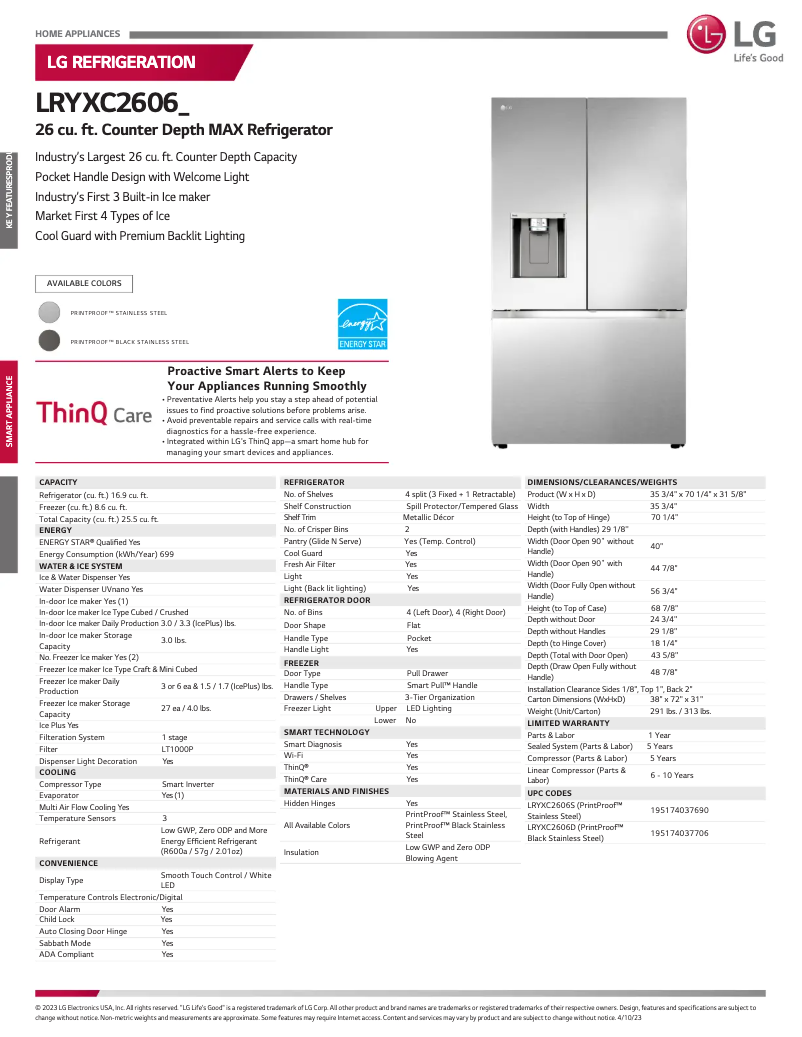 Page 1 of the manual Technical Sheet LG LRYXC2606D