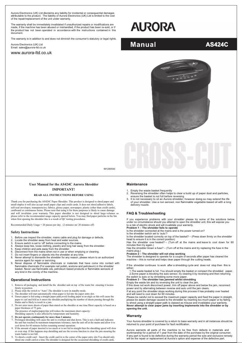 First page image of the manual for AS424C