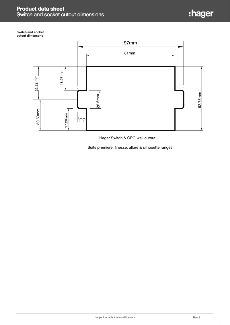 Page 1 of the manual Technical Sheet Hager WBWSH4