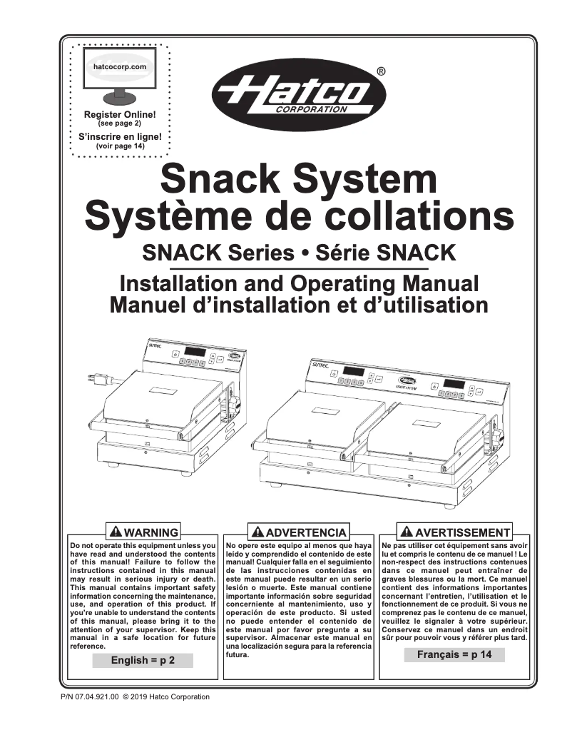 Page 1 of the manual User Manual Hatco SNACK-1