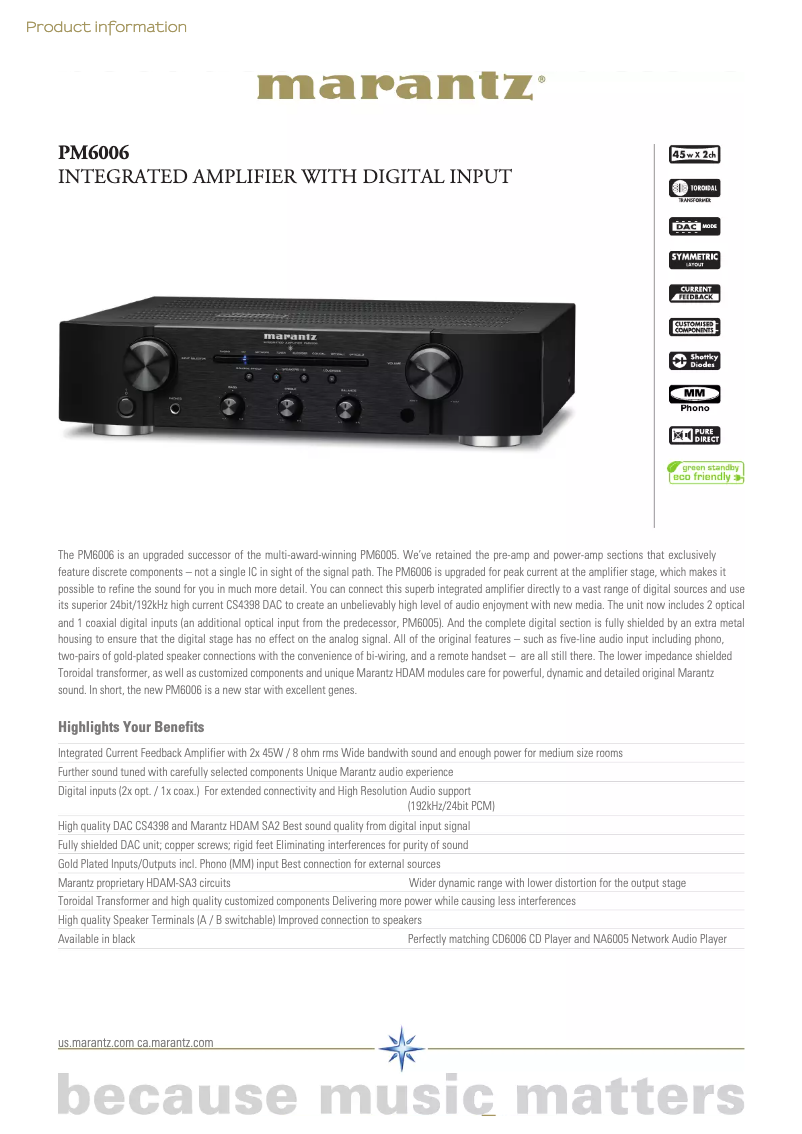Page 1 of the manual Technical Sheet Marantz PM6006
