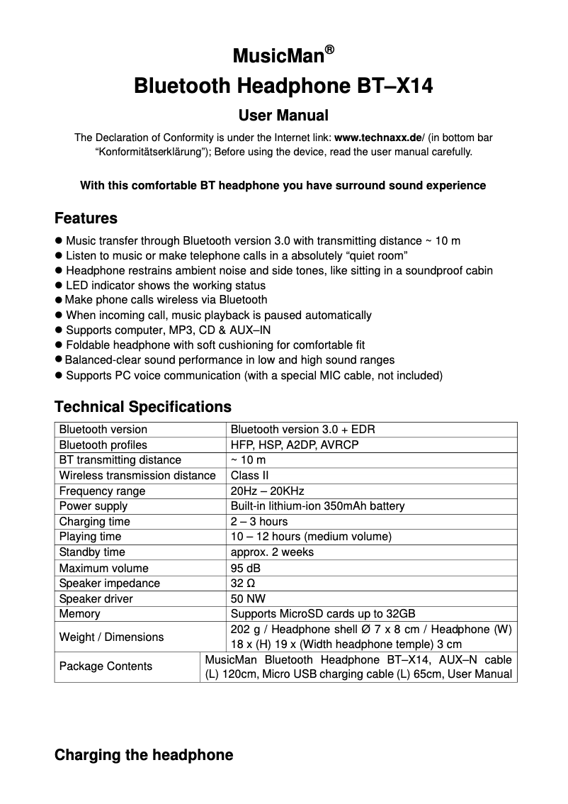 First page image of the manual for BT-X14