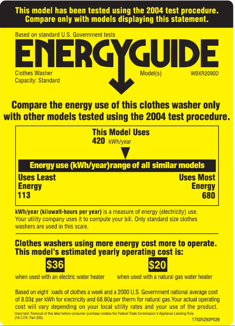 Page 1 of the manual Energy Label GE WBXR2090DWW