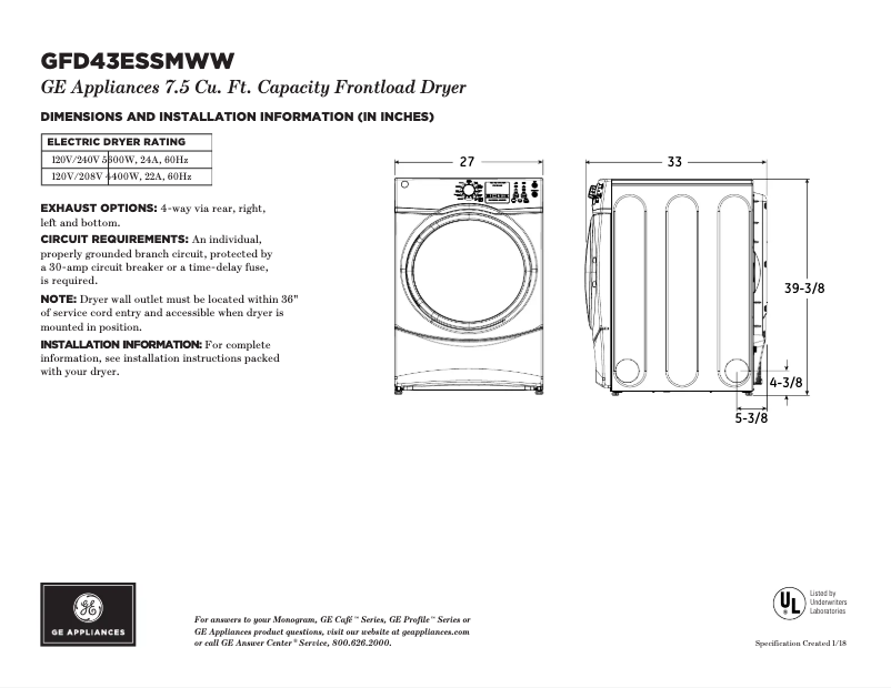 Page 1 of the manual Technical Sheet GE GFD43ESSMWW