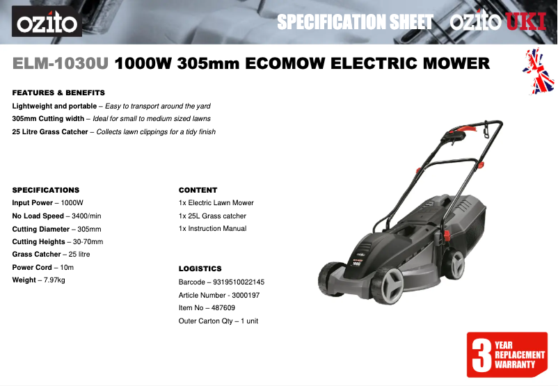 Page 1 of the manual Technical Sheet Ozito ELM-1030U