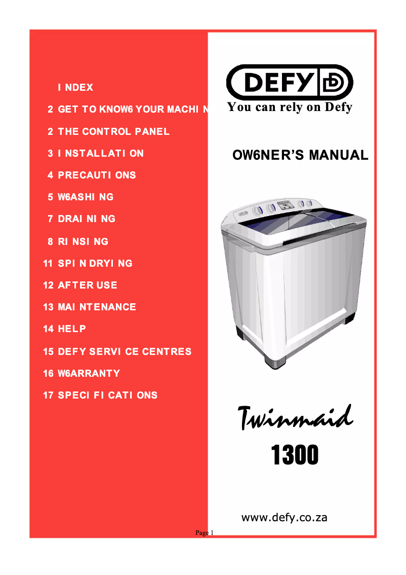 Page 1 of the manual User Manual Defy Twinmaid 1300